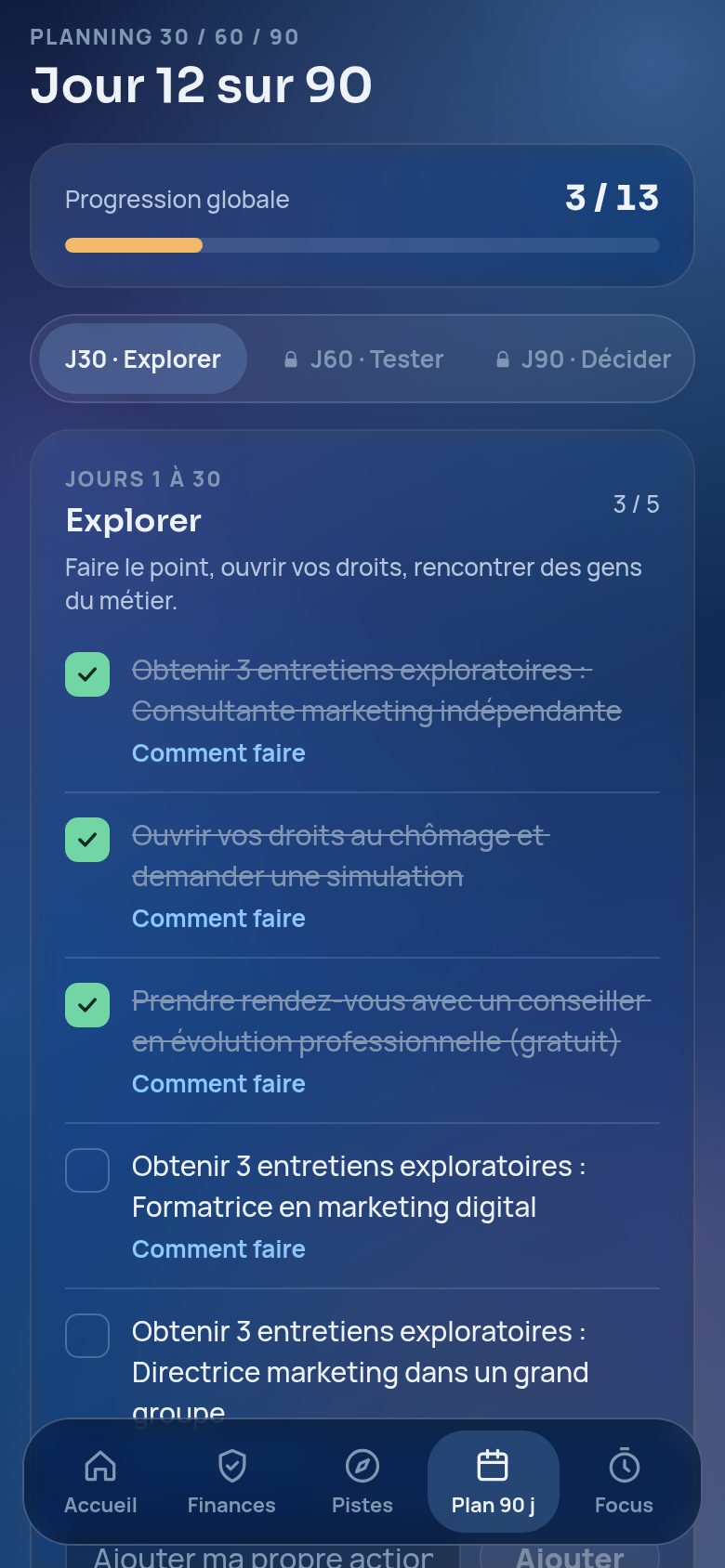 Écran Plan 90 jours de Nouveau Cap